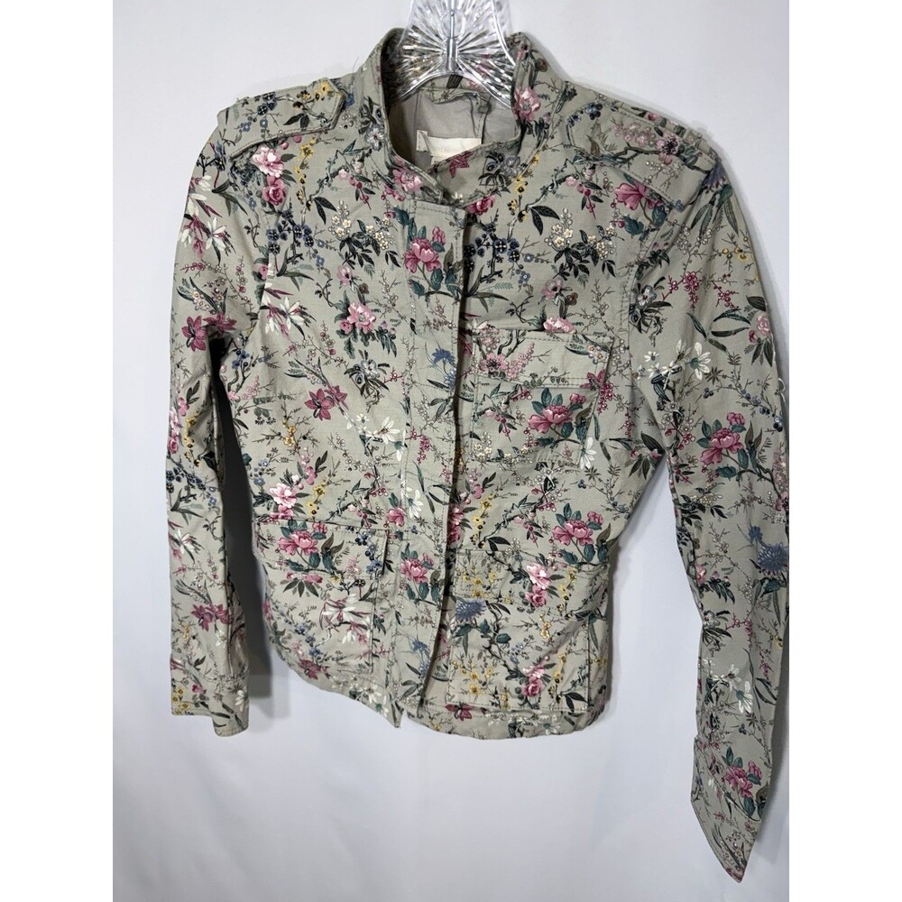 H&M HM Floral Cropped Cargo Denim Jean Short Jacket Women's Flare Waist Sz 4 NWT